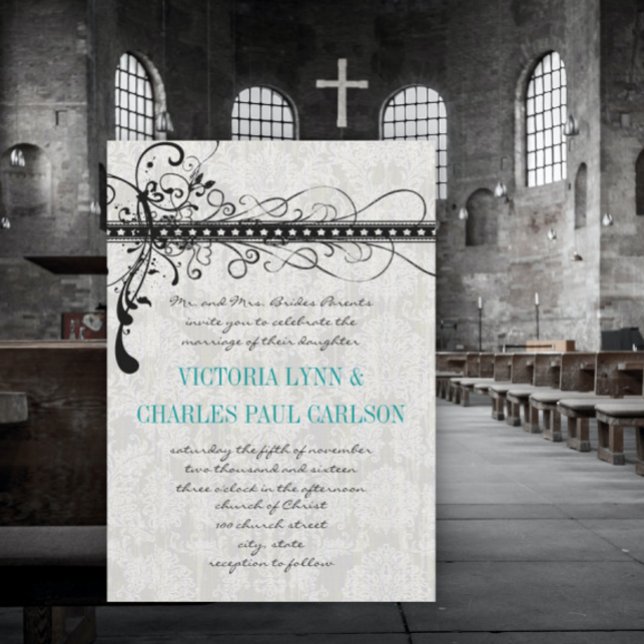 Grey Damask Renaissance Wedding Photo Invitation (Creator Uploaded)