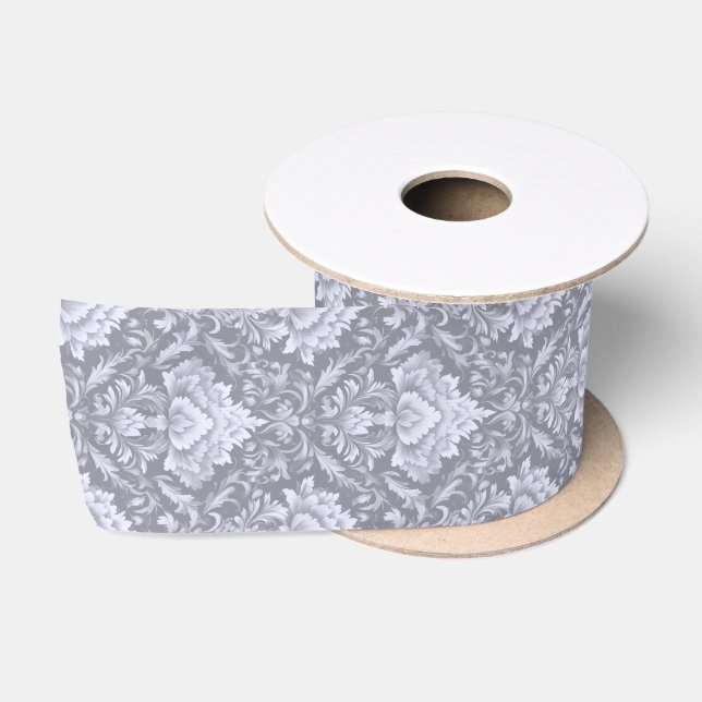grey damask style pattern satin ribbon (Spool)