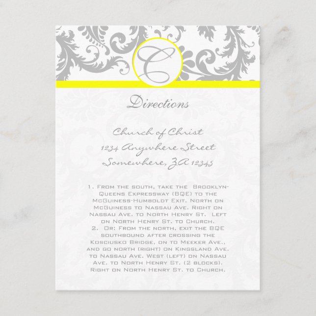 Grey Damask Swirl Yellow Wedding Direction Cards (Front)
