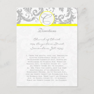 Grey Damask Swirl Yellow Wedding Direction Cards