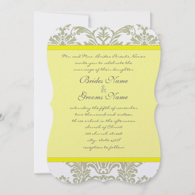 Grey Damask Swirls Bight Yellow Wedding Invitation (Front)