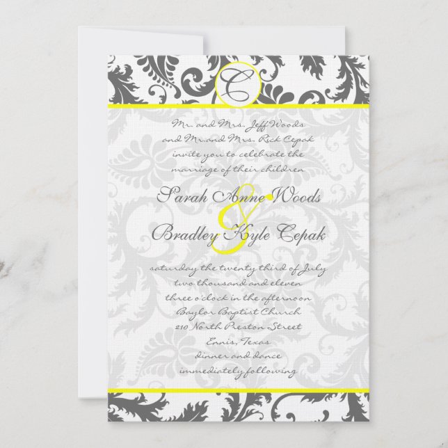 Grey Damask Swirls Bight Yellow Wedding Invitation (Front)