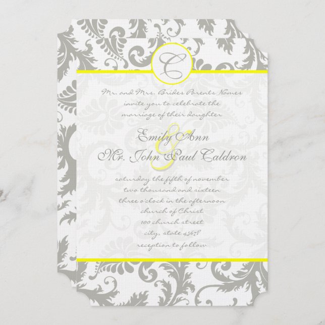Grey Damask Swirls Bight Yellow Wedding Invitation (Front/Back)