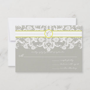 Grey Damask Swirls Bright Yellow Wedding RSVP Card