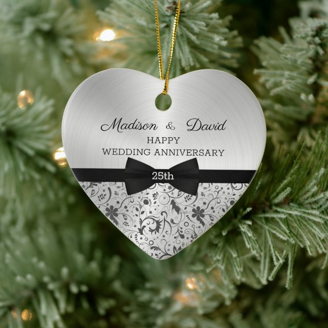 Grey Damask Wedding Anniversary Ceramic Ornament (Tree)