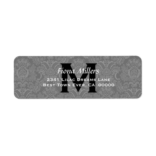 Grey Damask Wedding Monogram Address Label V11 (Front)