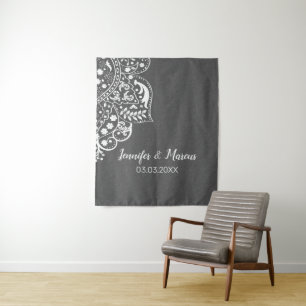 Grey Damask White Lace Tapestry