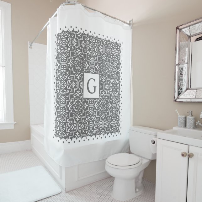 Grey damask, white scalloped borders and monogram shower curtain (In Situ)