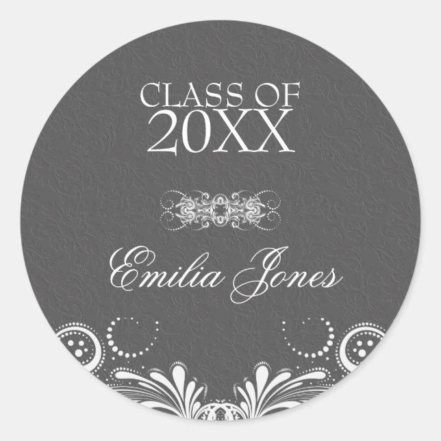 Grey Damask White Swirls- Graduations Classic Round Sticker (Front)