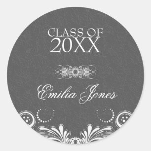 Grey Damask White Swirls- Graduations Classic Round Sticker