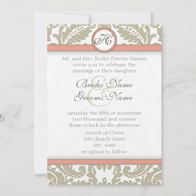 Grey Damask with Coral & Grey Wedding Invitations (Front)