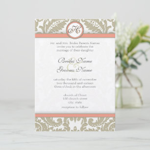 Grey Damask with Coral & Grey Wedding Invitations