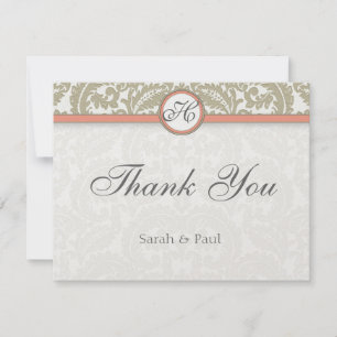 Grey Damask with Coral & Grey Wedding Thank You Card