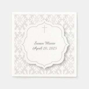 Grey Damask with Decorative Tag and Cross Napkin