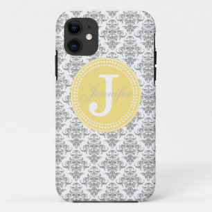 Grey Damask & Yellow Monogram iPhone Case