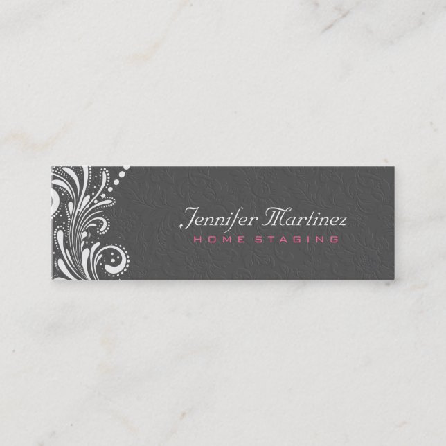 Grey Damasks White Vintage Lace Mini Business Card (Front)