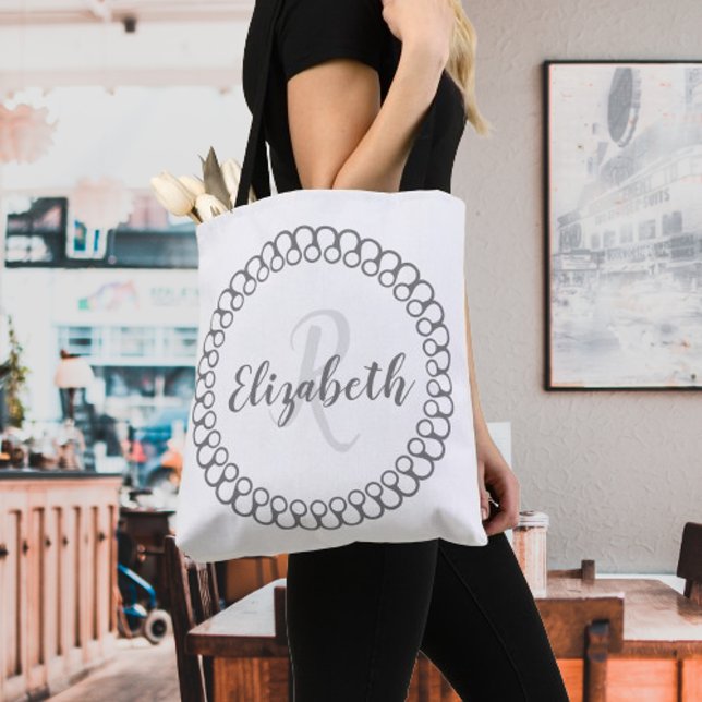 Grey Decorative Circle Personalise Monogram Tote Bag (Gray Decorative Circle Personalized Monogram Tote Bag)