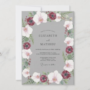 Grey Deep Red Anemone Wedding Invitation