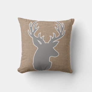 Grey Deer Bust on Brown Faux Burlap Cushion