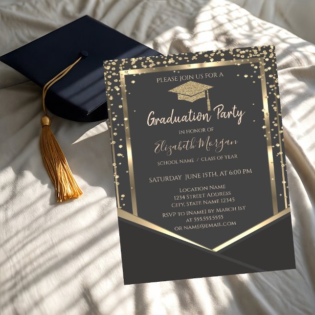 Grey Diamonds Gold Graduation Cap Graduation Invitation (Creator Uploaded)