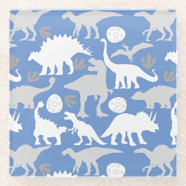 Grey Dino Pattern L Blue BG Glass Coaster (Front)