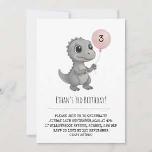 Grey Dino with Pink Balloon Illustration Birthday Invitation
