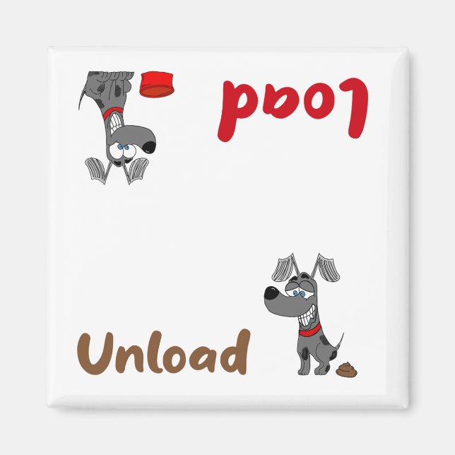 Grey dog, load and unload dishwasher magnet (Front)