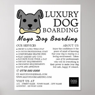 Grey Dog with Bone, Dog Boarding, Advertising Poster