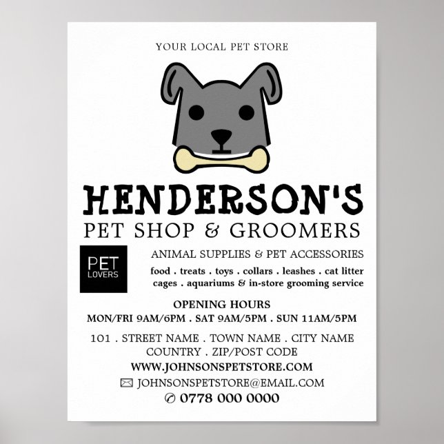 Grey Dog with Bone, Pet Store & Groomers Poster (Front)