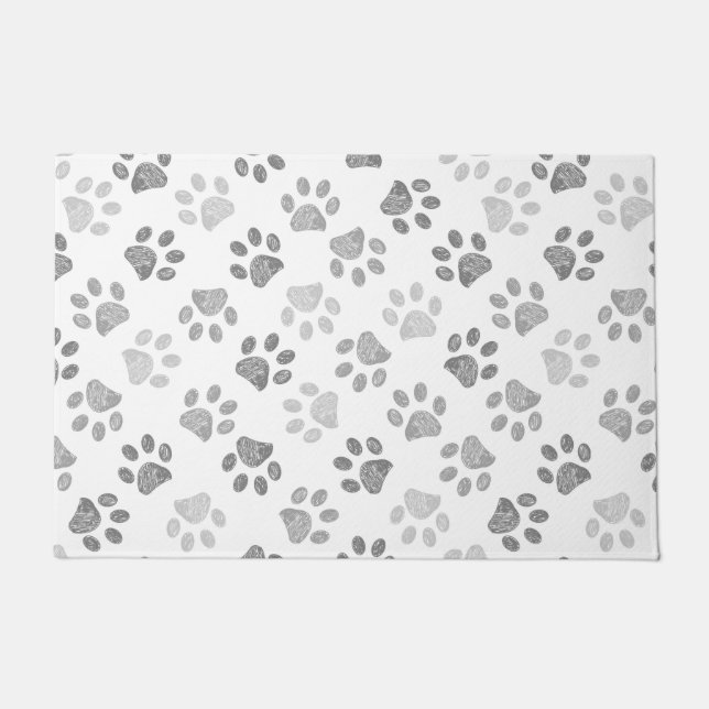 Grey doodle paw prints doormat (Front)