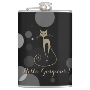 Grey Dots On Black Background,Cat,Hello Gorgeous Hip Flask