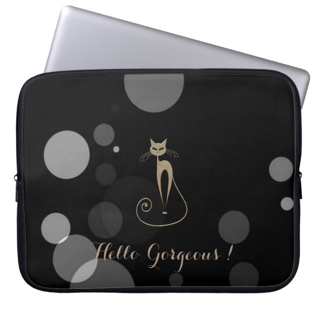 Grey Dots On Black Background,Cat,Hello Gorgeous Laptop Sleeve (Front)