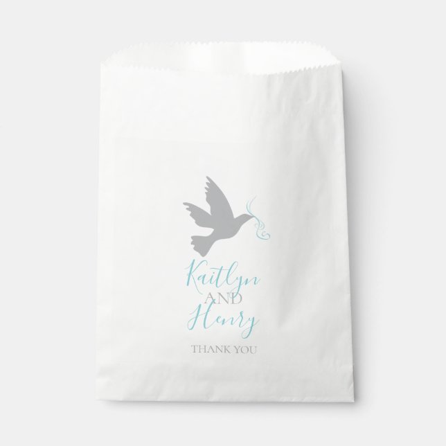 Grey dove and blue ribbon thank you favour bags (Front)
