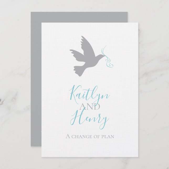 Grey dove aqua blue ribbon change of wedding plans invitation (Front/Back)