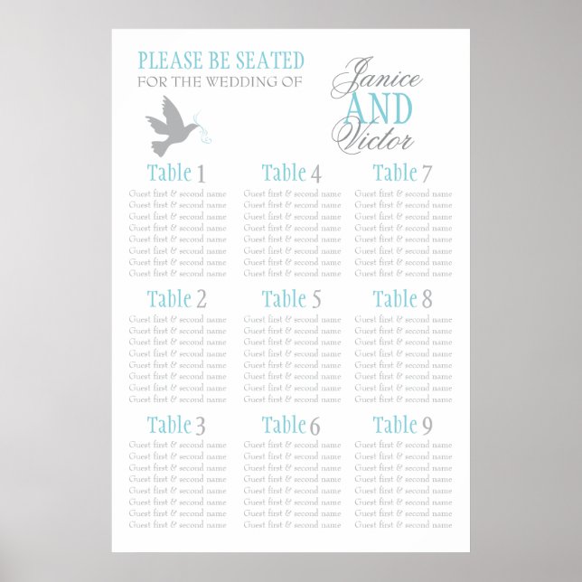 Grey dove aqua blue wedding seating table plan 1-9 poster (Front)