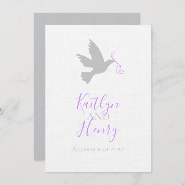 Grey dove purple ribbon change of wedding plans invitation (Front/Back)