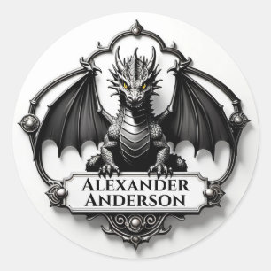 Grey Dragon with Yellow Eyes Personalise  Classic Round Sticker