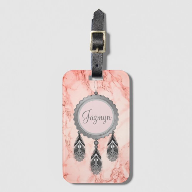  Grey Dreamcatcher on Pink Marble Personalised Luggage Tag (Front Vertical)