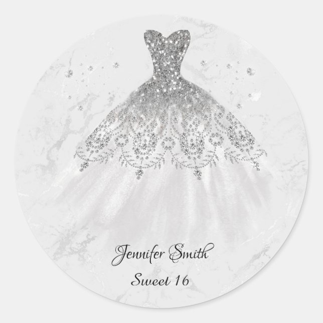 Grey dress silver glitter sweet sixteen classic round sticker (Front)