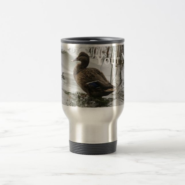 Grey duck on dark the lake travel mug (Center)