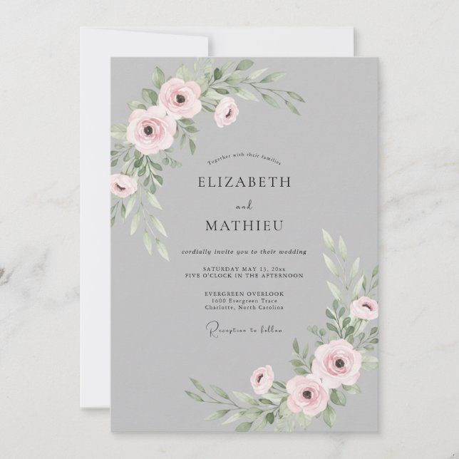 Grey Dusty Pink Ranunculus Eucalyptus Wedding Invitation (Front)