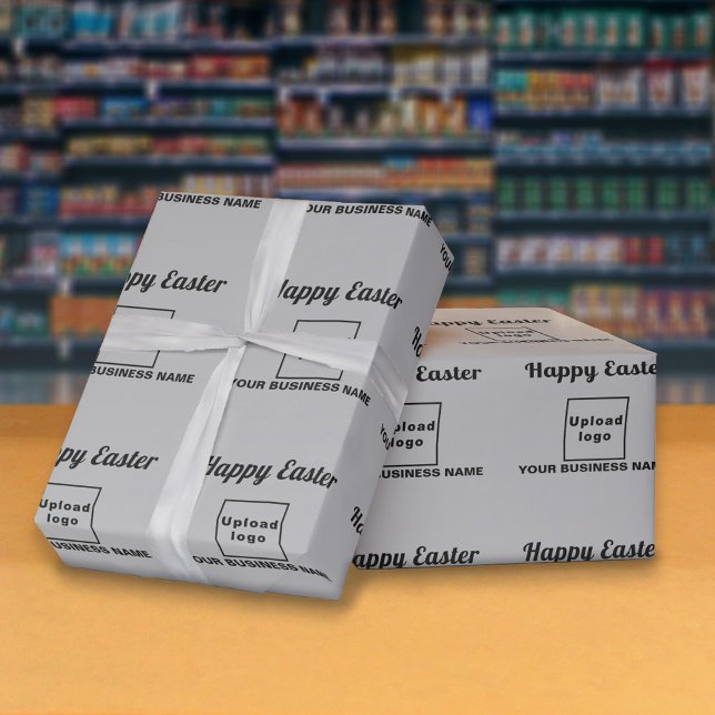 Grey Easter Business Wrapping Paper (Gray wrapping paper with seamless pattern of Easter greeting, your business name and logo)