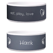 Grey Eat Play Love Custom Dog Name Bowl