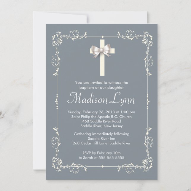 Grey Elegant Baptism | Christening Elegant Cross Invitation (Front)