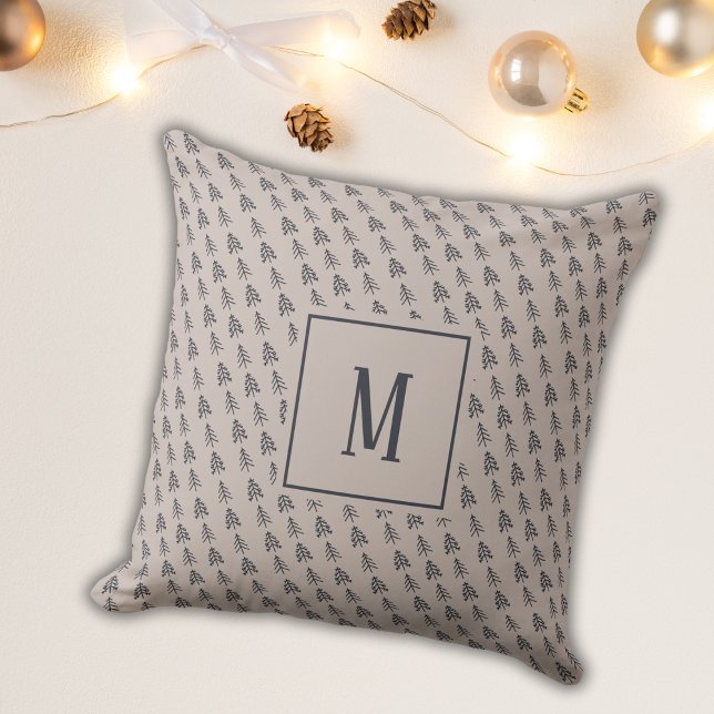 Grey Elegant Christmas Trees Blue Monogram Cushion (Creator Uploaded)