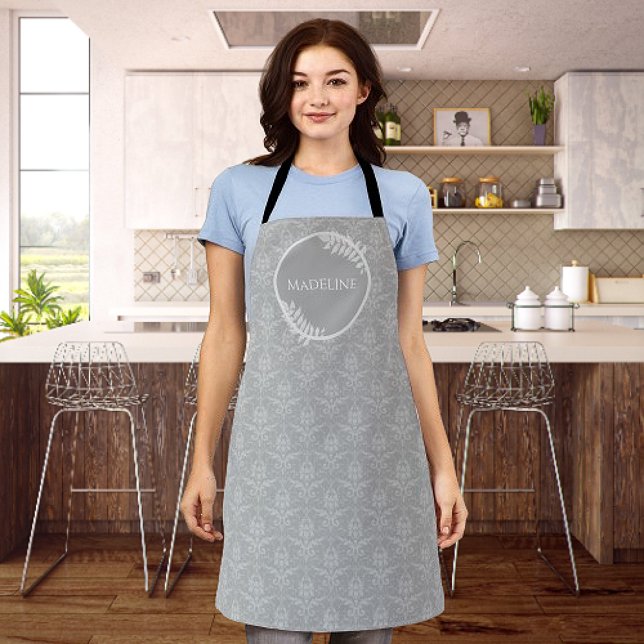Grey Elegant Damask Personalised Apron (Gray Elegant Damask Personalized Apron)