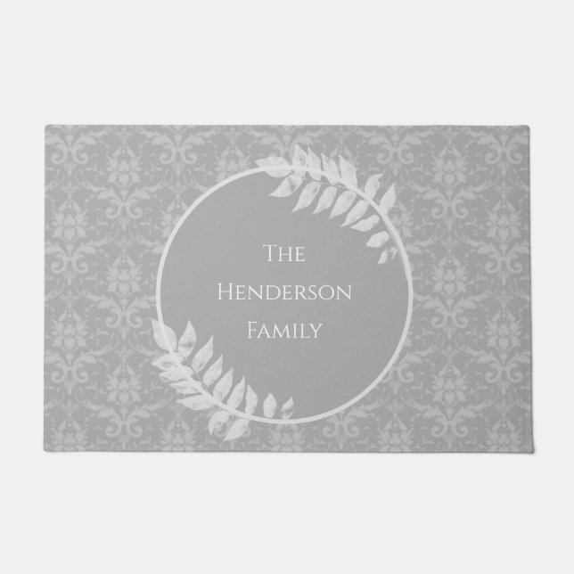 Grey Elegant Damask Personalised Doormat (Front)