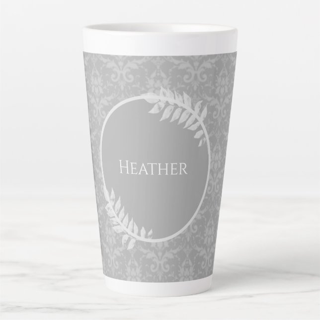 Grey Elegant Damask Personalised Latte Mug (Front)