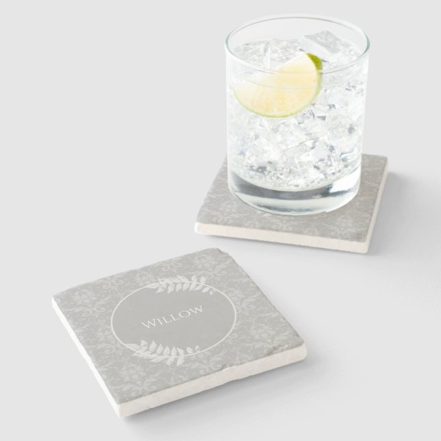Grey Elegant Damask Personalised Stone Coaster (Side)