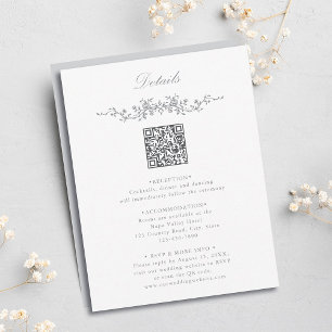 Grey Elegant Floral QR Code Wedding Details Enclosure Card